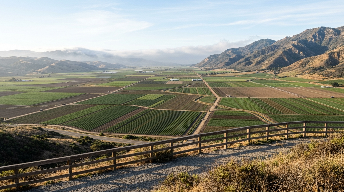Agricultural fields and mountain ranges across the Salinas Valley