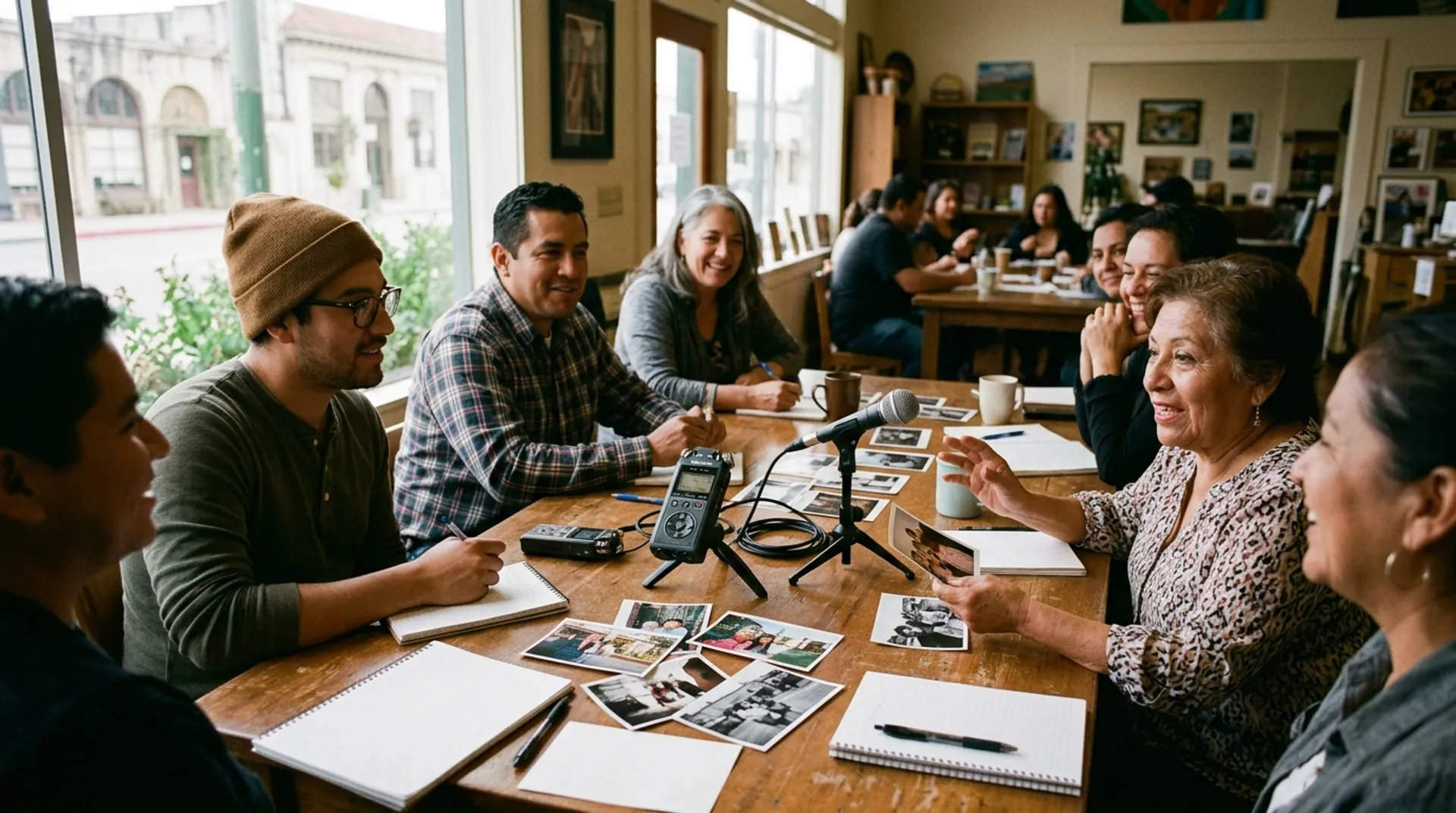 Community members sharing photographs and stories around a table