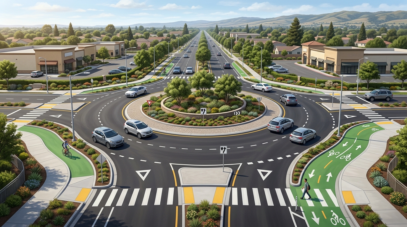 Conceptual dual-lane roundabout with pedestrian and bicycle facilities on Boronda Road