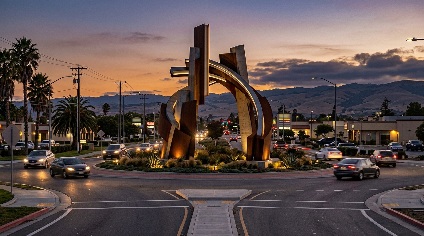 Conceptual gateway sculpture illuminated inside a Salinas roundabout