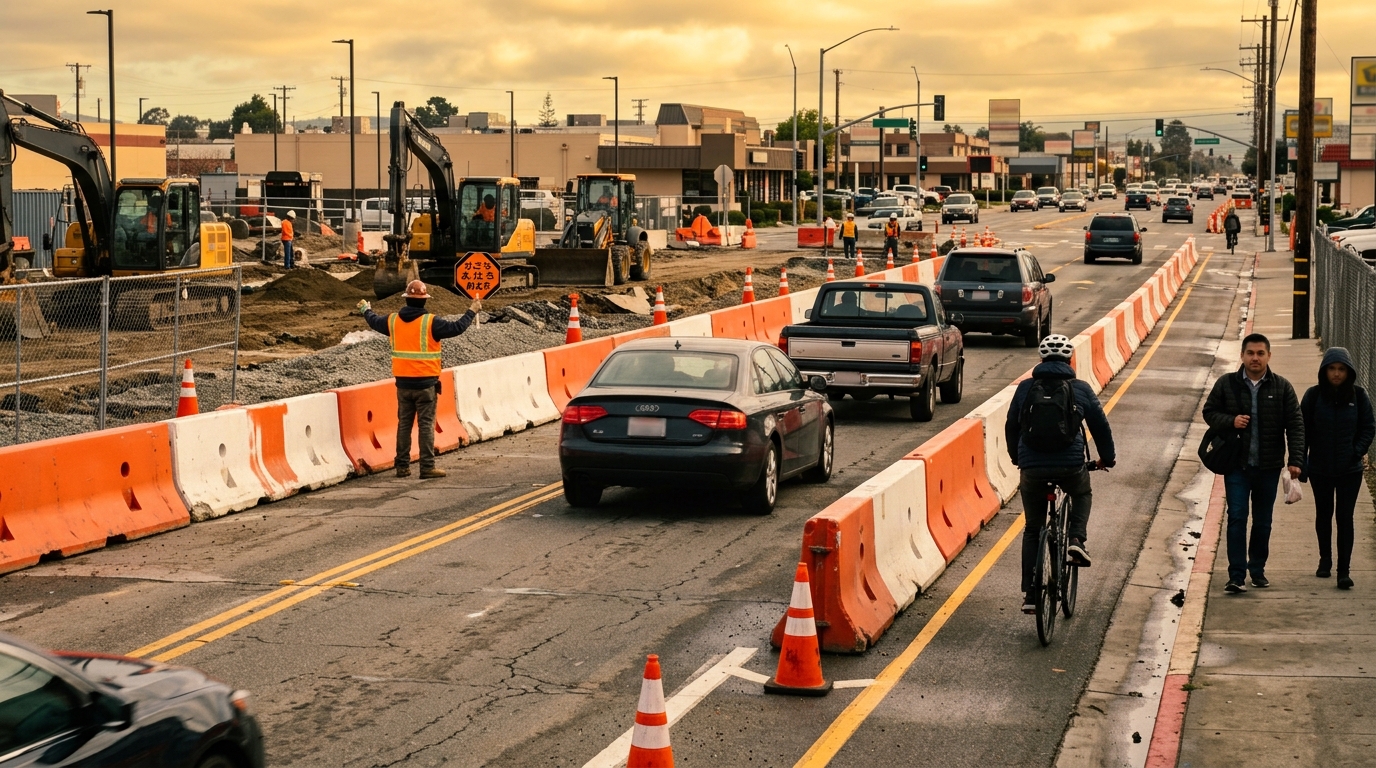 Drivers, cyclist and pedestrians navigating a temporary Salinas construction route