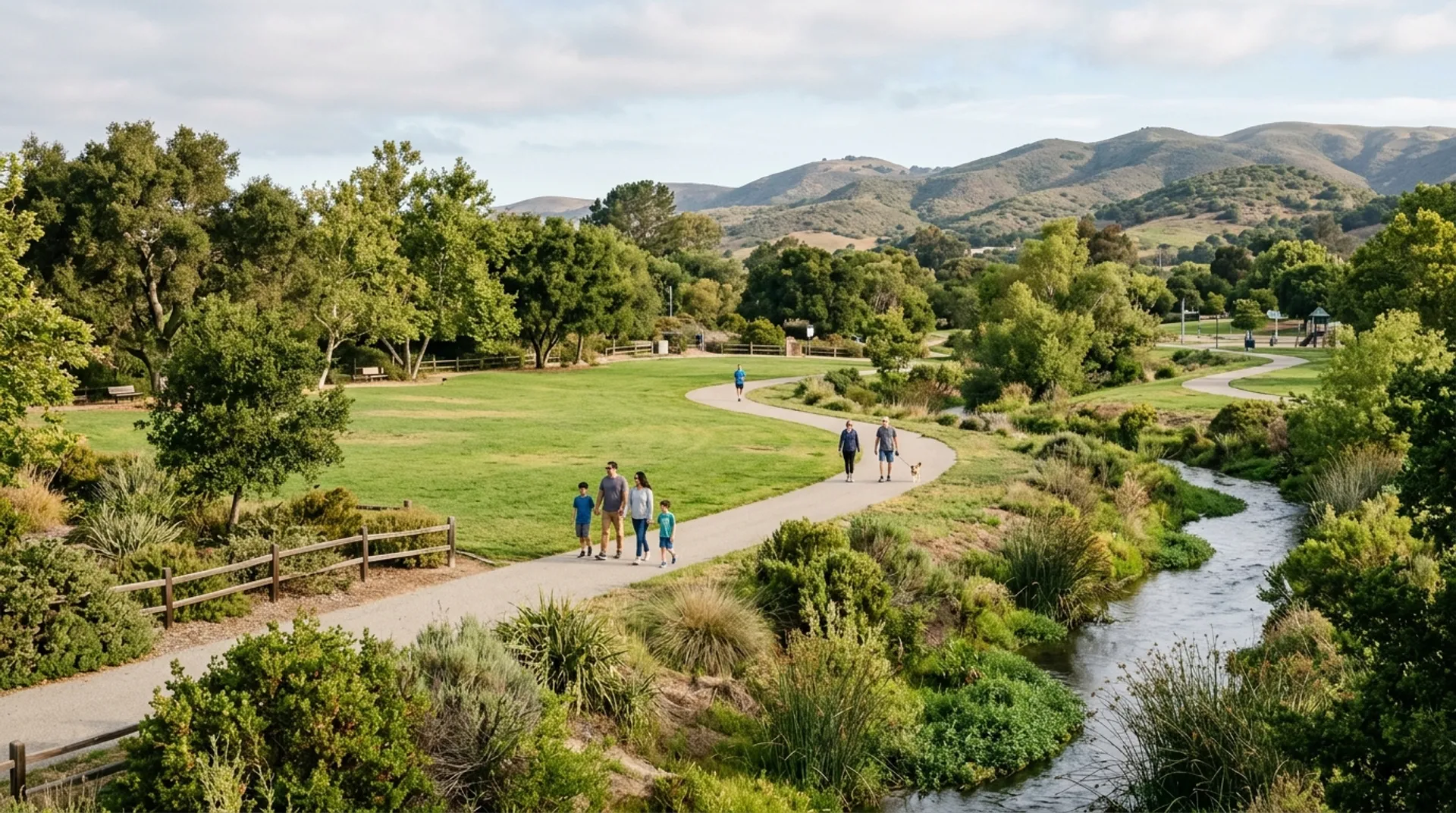 Families walking through Natividad Creek Park on a Sunday morning