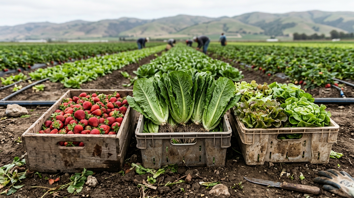 Fresh strawberries and leaf lettuce in harvest crates beside a Salinas Valley field
