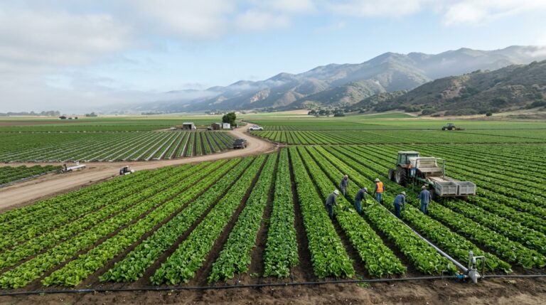 Leafy green and strawberry fields extending across the Salinas Valley
