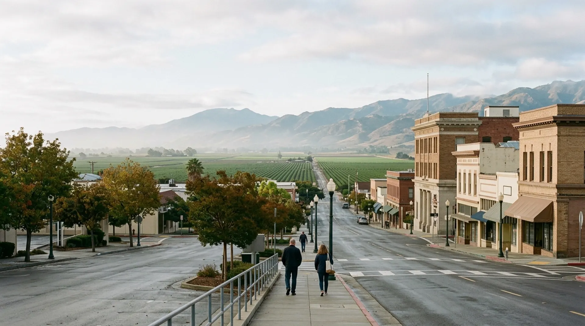 Morning view across Salinas toward farmland and distant foothills