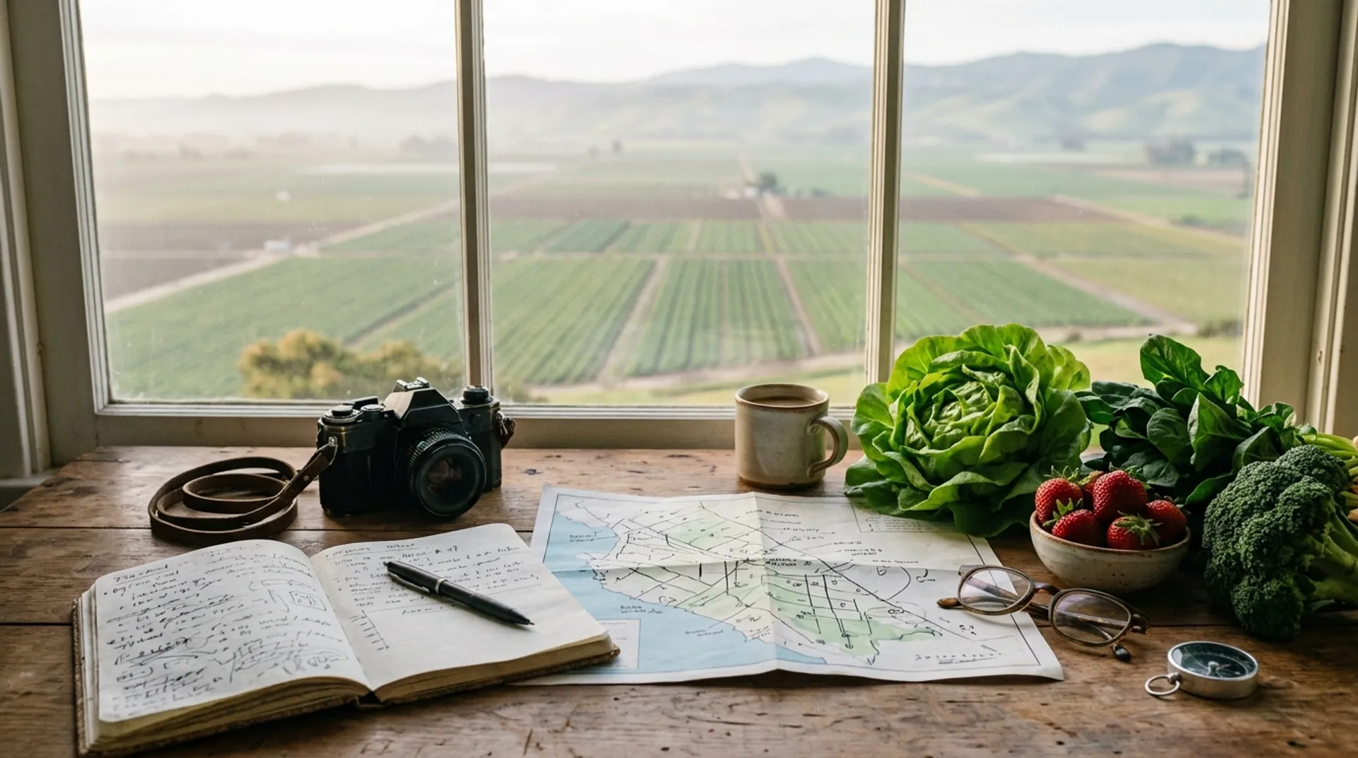 Notebook and camera beside produce with Salinas Valley fields beyond