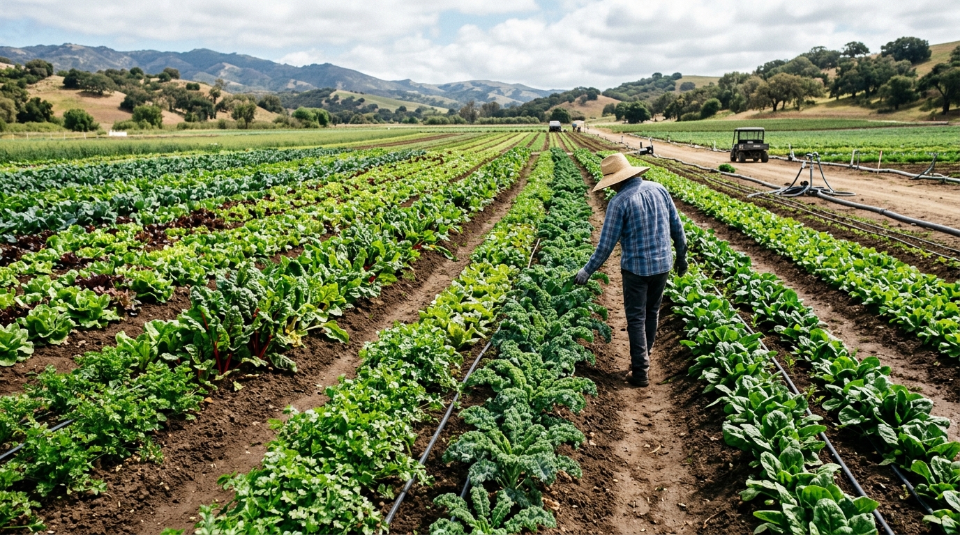 Organic leafy vegetable rows being inspected in Monterey County