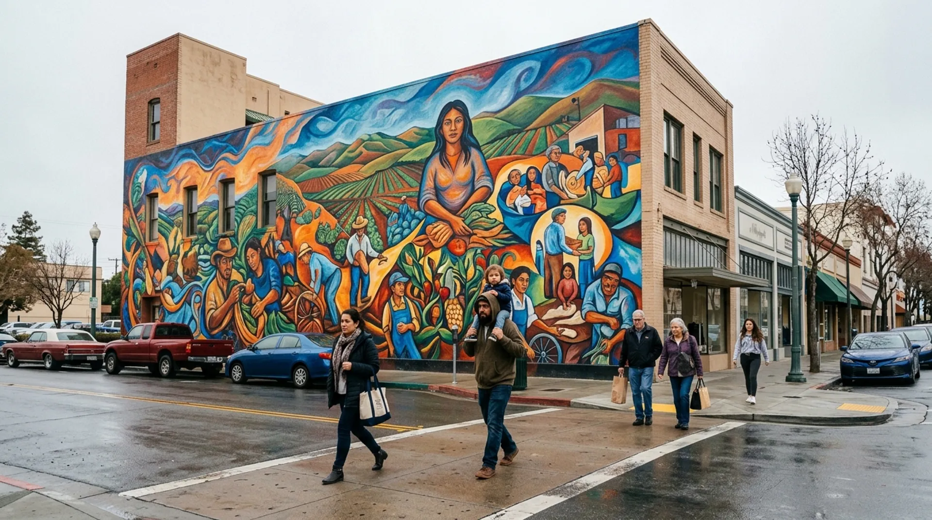 Pedestrians passing a colorful public-art mural in Salinas