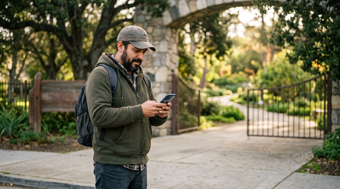 Resident checking a city park update on a phone outside a Salinas park