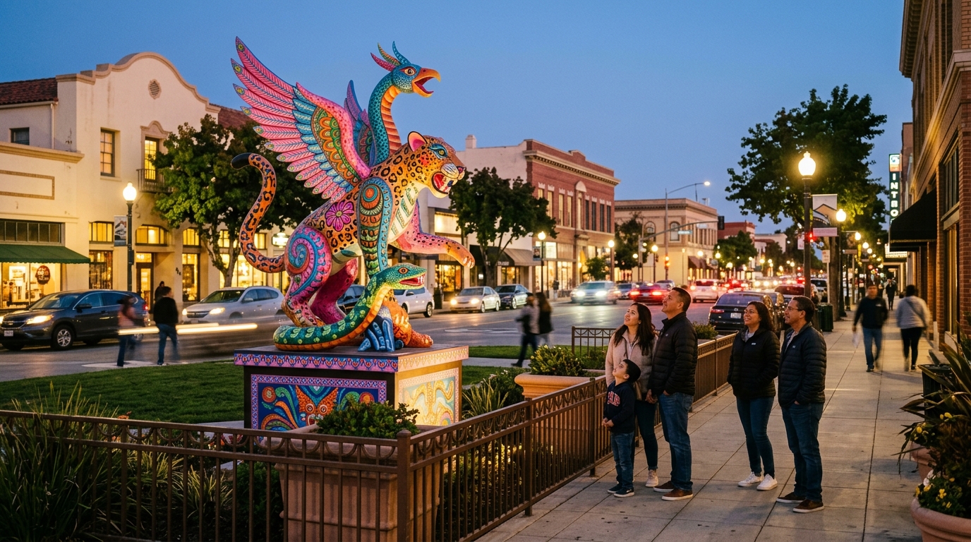 Residents viewing a colorful alebrije sculpture in a public Salinas location