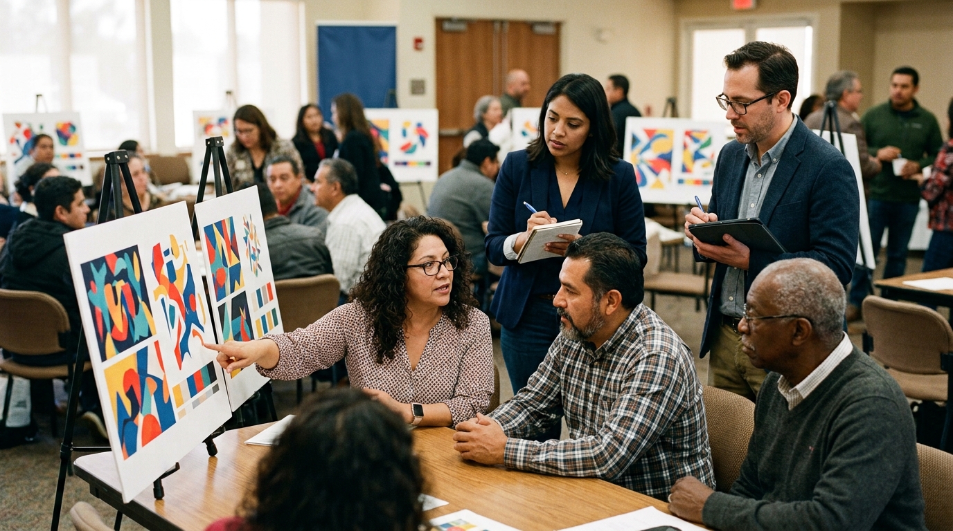 Salinas residents reviewing public-art concepts during a community meeting
