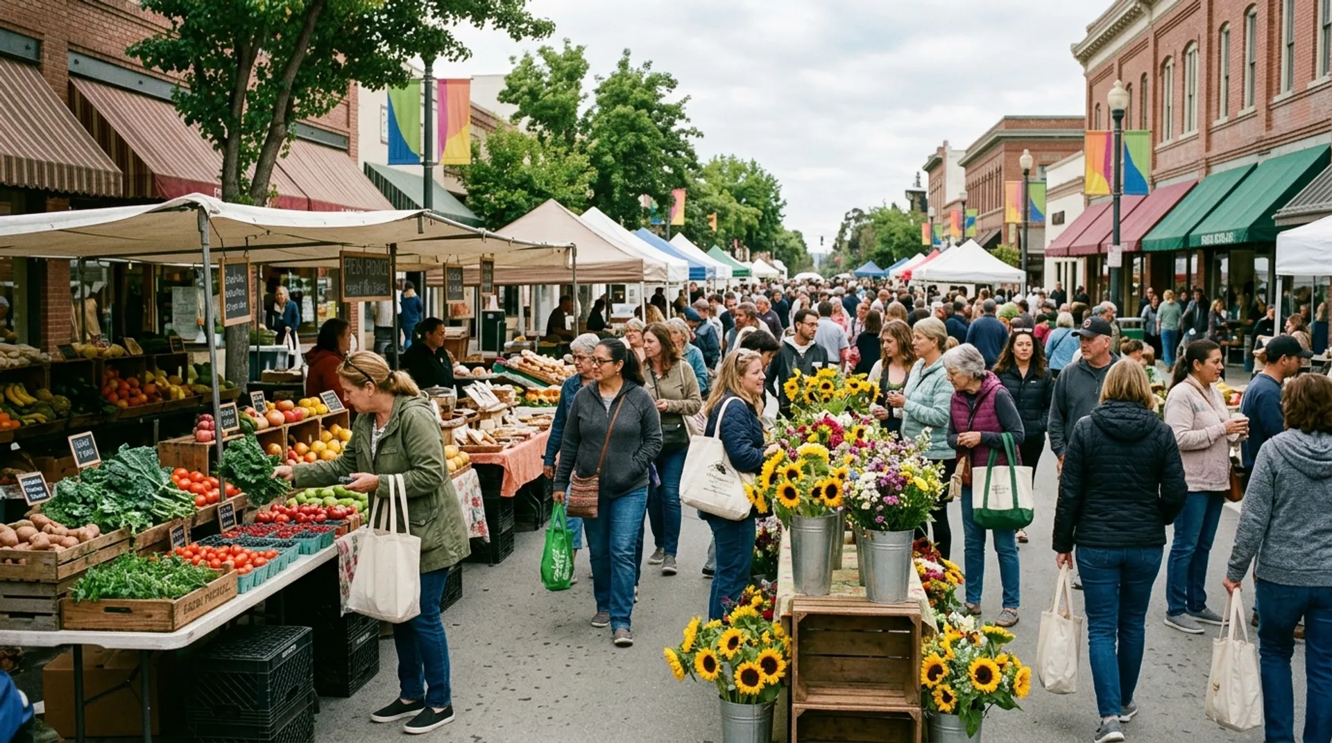Shoppers browsing produce at the Oldtown Salinas farmers market