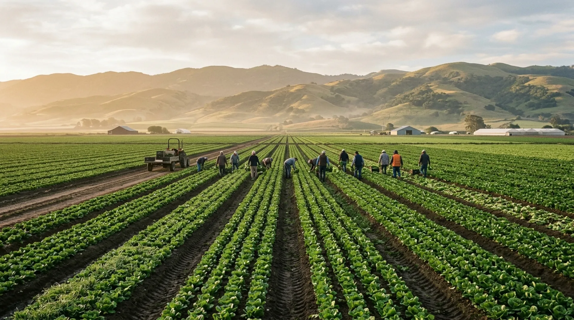 Vegetable crop rows and a distant field crew in the Salinas Valley