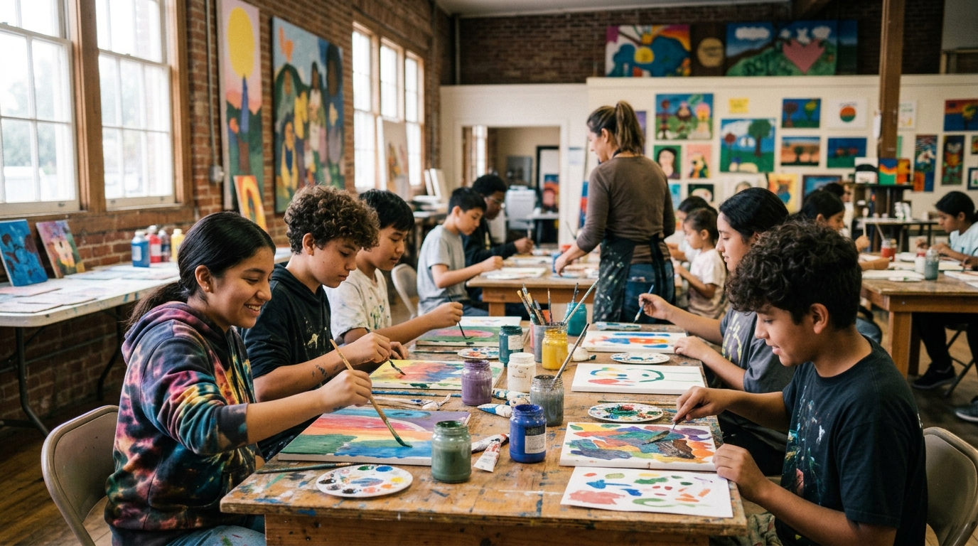 Young people creating artwork during a free East Salinas studio program