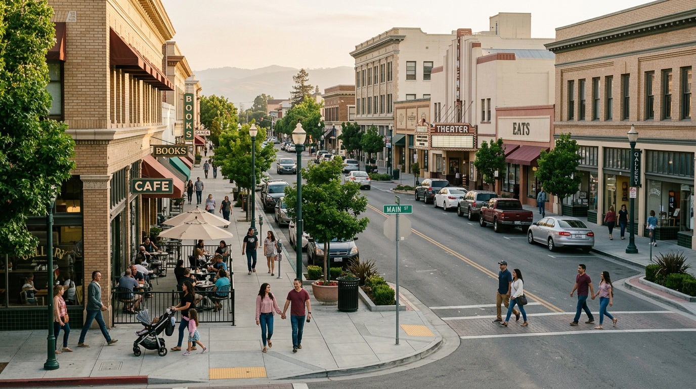 Downtown Salinas walking route connecting Maya Cinemas with nearby Main Street attractions